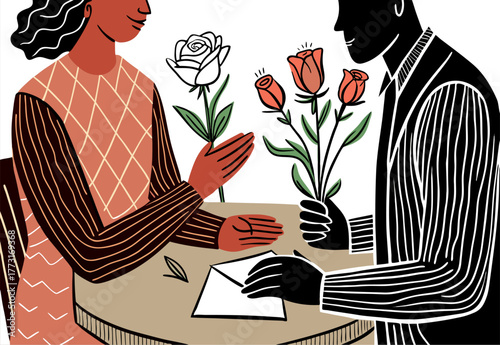 Couple Exchanging Flowers at Table: Romantic Digitally Generated Illustration