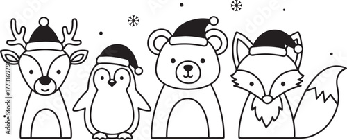 Cute Christmas Winter Animals with Santa Hats Line Art