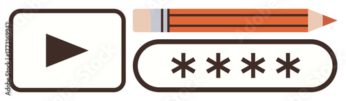 Play button, pencil, and password field with asterisks represent media, creative work, and cybersecurity. Ideal for technology, security, education, creativity digital tools productivity