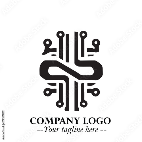 Circuit Robot Logo Symbol in Black on the White Background with Futuristic Tech Design
