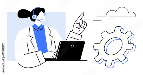 Call center agent with headset working on laptop, pointing toward a solution. Ideal for technology, customer service, cloud computing, online assistance, problem-solving, innovation, business