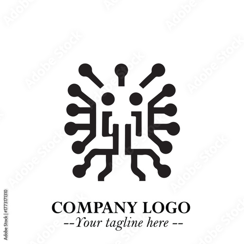 Circuit Robot Logo Symbol in Black on the White Background with Futuristic Tech Design
