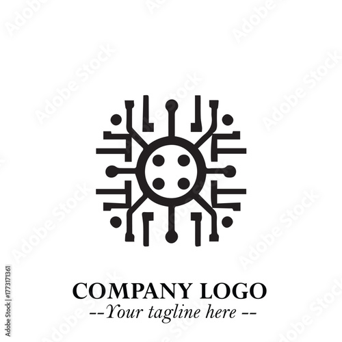 Circuit Robot Logo Symbol in Black on the White Background with Futuristic Tech Design
