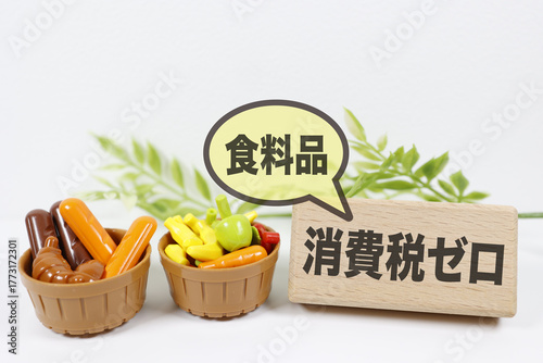 Cuadro en lienzo 食料品の消費税ゼロ政策を示すイメージと食品バスケット。