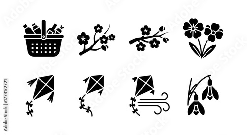 Celebrate spring with these cute picnic, flower, and kite icons for your next design project, perfect for posters, website elements, or social media