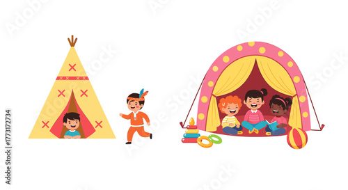 Kids' imaginative play in a colorful, fun teepee and tent creates a magical childhood adventure, sparking joy and wonder in children's illustrations