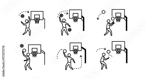 Basketball player demonstrating shooting techniques for training and skill development with ball trajectory and hoop in a minimal black and white design