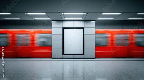 Fototapeta Naklejka Na Ścianę i Meble -  A red subway train speeding past a blank advertising display in a modern station.