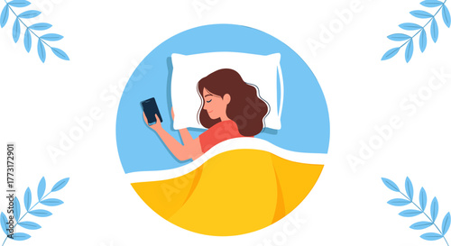Catching Up on Social Media Before Sleep in Bed with Smartphone Illustration, Promoting Relaxation and Digital Connection with Modern Design