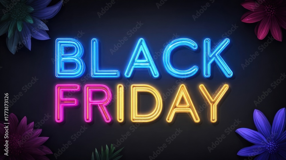 Obraz premium Neon Black Friday sale text on dark background, with creative space and 3D visual style