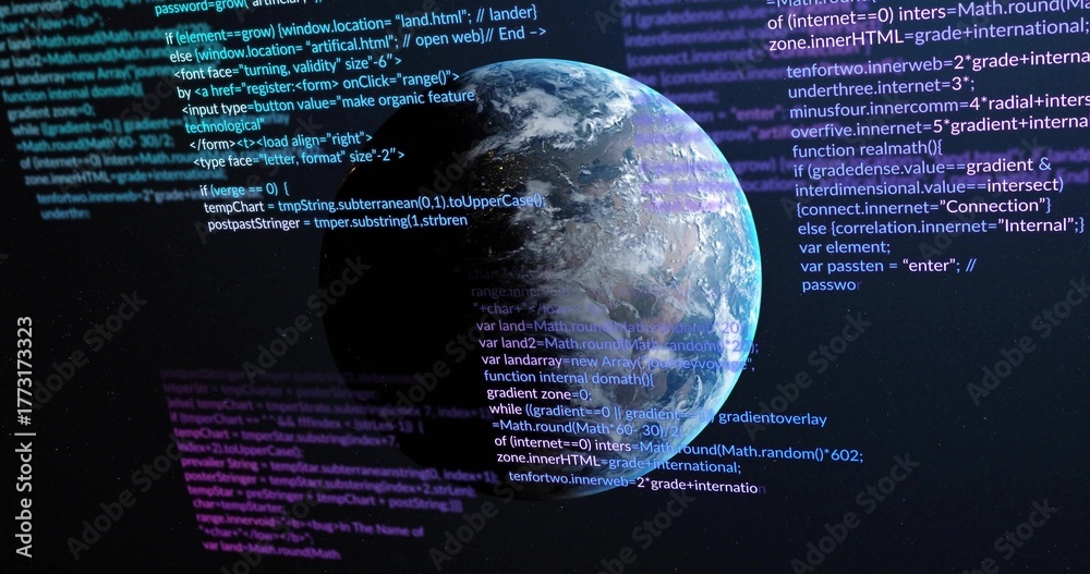 Fototapeta premium Floating Planet Earth displaying programming code snippets in virtual outer space, code layering