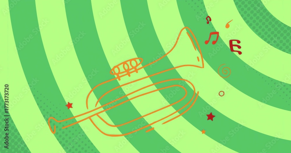 Naklejka premium Displaying orange line-drawn trumpet floating over concentric green arcs, with red notes and stars