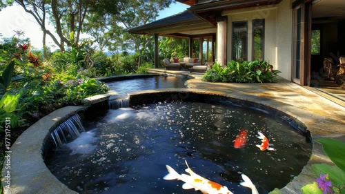 Tranquil garden scene with koi pond and modern patio surrounded by vibrant greenery and flowers
