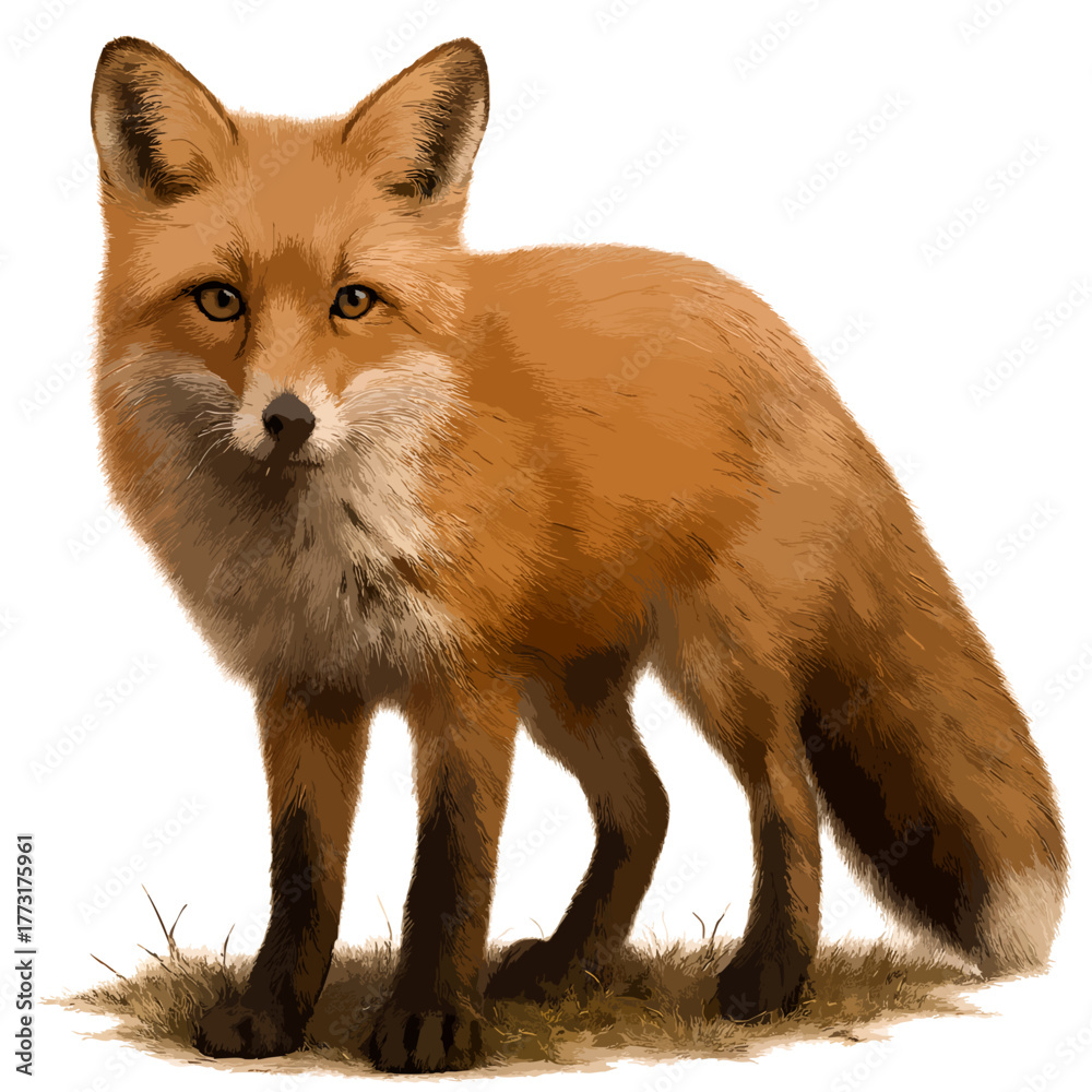 Fototapeta premium Red fox vulpes standing isolated on white background wildlife animal portrait