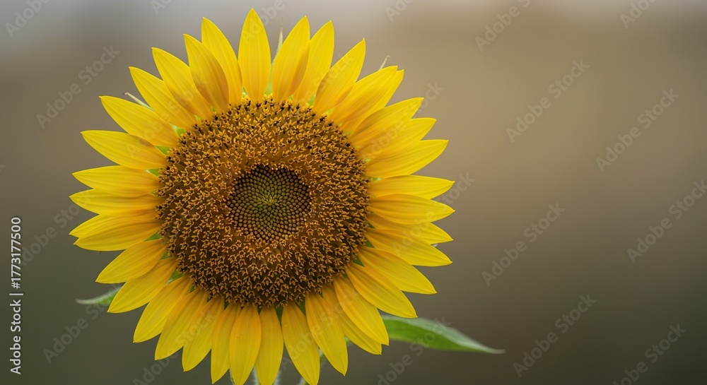 Obraz premium Close-up of a solitary sunflower head, showcasing its intricate seed pattern and bright yellow petals against a soft, blurred background ,petals ,macro ,serene