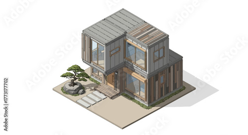 Isometric view illustration of a modern sustainable two-story house