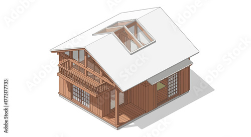 Isometric view of a cozy wooden cabin design with unique skylight features