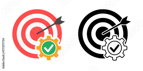 Efficiency target board icon showing a dartboard with a gear and checkmark. Ideal for productivity dashboards, project performance tracking, and operational improvement visuals.