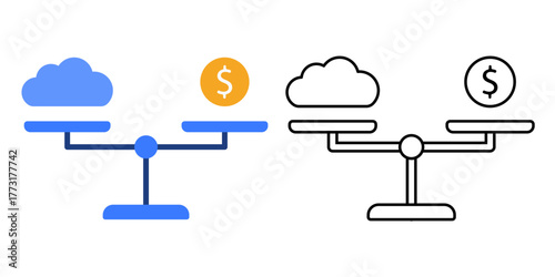 Resource balance scale icon showing a digital scale balancing a cloud and dollar sign. Perfect for illustrating cloud cost efficiency, IT budgeting, and balanced resource management concepts.