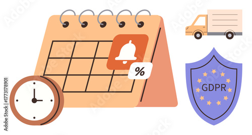 Calendar with reminder alert, clock, truck, and GDPR shield emphasizing organization, deadlines, notifications, data privacy, delivery schedules time management and regulatory compliance. A simple