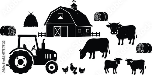 Farm barn silhouette with tractor, cows, chickens, hay bales, rural agriculture scene, countryside livestock, farming equipment, traditional agriculture illustration