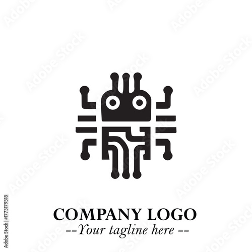 Circuit Robot Logo Symbol in Black on the White Background with Futuristic Tech Design
