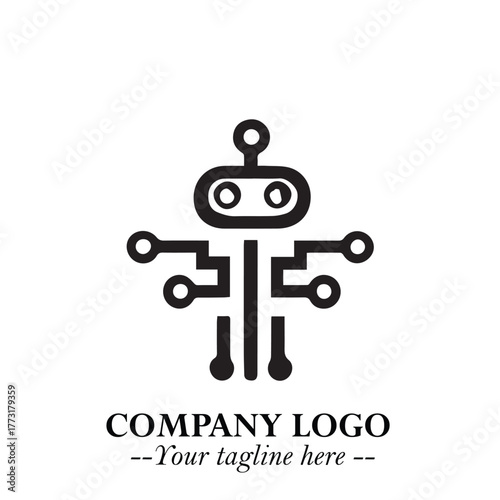 Circuit Robot Logo Symbol in Black on the White Background with Futuristic Tech Design
