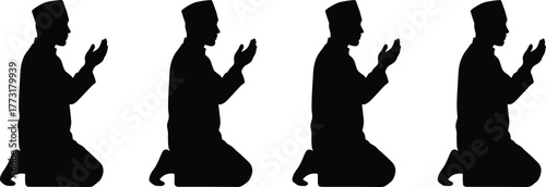 Silhouette, prayer, traditional clothing, kneeling man, spiritual pose, religious gesture, cultural devotion, black figure, supplication, worship, hat, faith, ritual, Islam