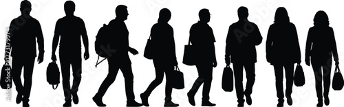 Silhouettes, commuters, walking, bags, travel, motion, urban, diversity, people, lifestyle, journey, business, casual, transit, backpack, handbag, briefcase, street