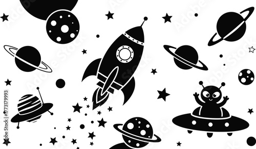 Space rocket illustration, cartoon alien spaceship, planets with rings, cosmic stars background, playful extraterrestrial art, black and white space drawing