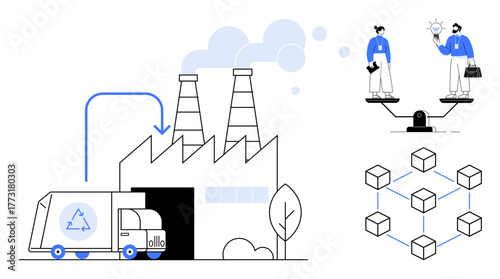 Recycling truck near factory, balanced coworkers sharing ideas, interconnected cubes. Ideal for sustainability, technology, industry, teamwork, blockchain, eco-friendly innovation simple flat