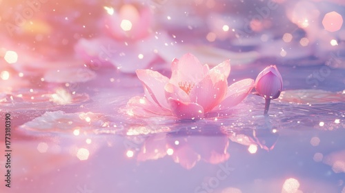 ethereal beauty: a serene water lily pond awash in gentle pink and lilac hues, illuminated by delicate light sparkles creating a dreamlike atmosphere