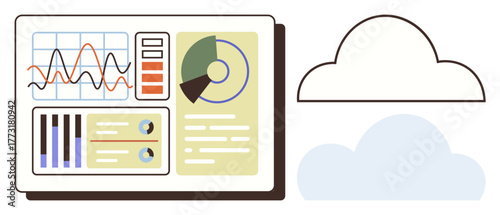 Analytical dashboard with charts, graphs, and cloud icon symbolizing data storage and analysis. Ideal for business, technology, cloud computing, analytics, marketing, workflow and presentation