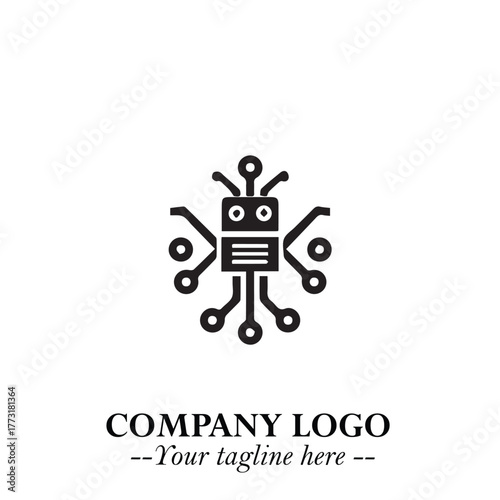 Circuit Robot Logo Symbol in Black on the White Background with Futuristic Tech Design
