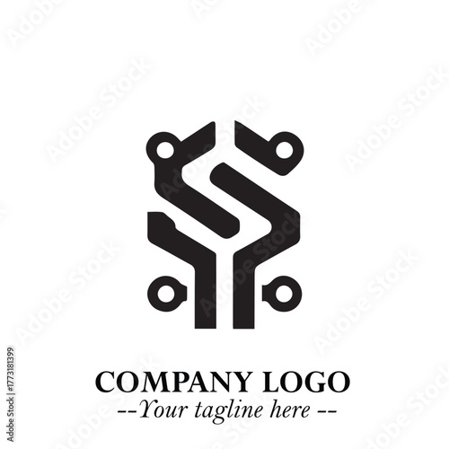 Circuit Robot Logo Symbol in Black on the White Background with Futuristic Tech Design
