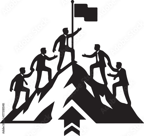  Business team climbing mountain to success, reaching peak and goal, symbolizing leadership, achievement, and collaboration in overcoming challenges and achieving growth..