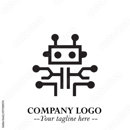 Circuit Robot Logo Symbol in Black on the White Background with Futuristic Tech Design

