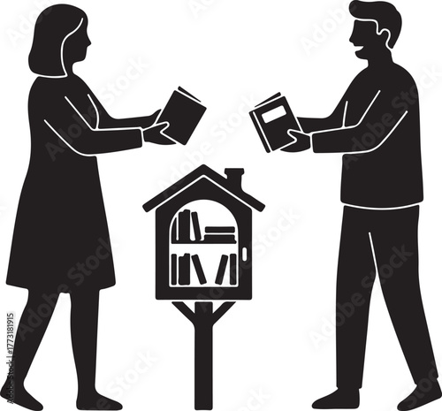Silhouette illustration of a man and woman participating in a free book exchange at a community library, fostering reading and knowledge sharing
