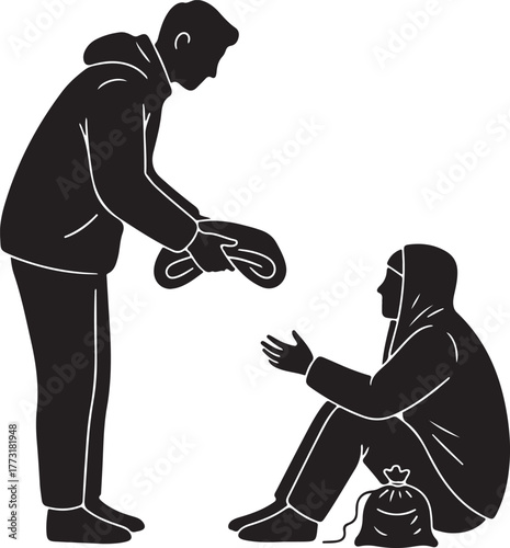 Silhouette illustration of a person giving charity or donation to a homeless or needy individual, depicting concepts of help, support, and generosity towards the less fortunate in society