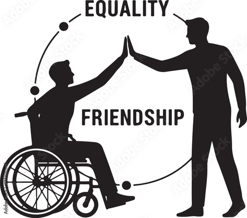  Silhouette illustration of two men, one in a wheelchair and one standing, sharing a high-five, symbolizing equality, friendship, and inclusive support for people with different abilities and disabili