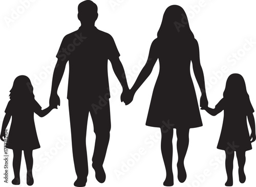  Black Silhouette of a Family of Four Walking Hand in Hand, Depicting Parents and Two Young Daughters, Symbolizing Love, Unity, and Togetherness