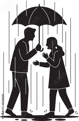 A man offers an umbrella for shelter and protection to a distressed woman during a rainstorm, symbolizing support, care, and seeking comfort in difficult times or during an emotional moment.