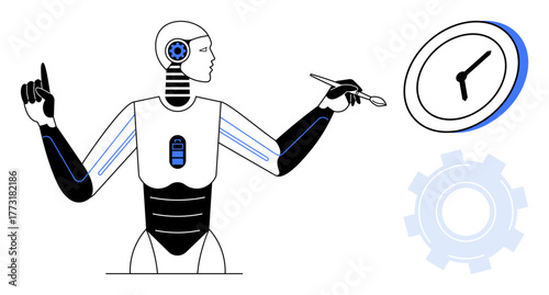 Humanoid robot interacting with clock and holding brush near floating gear. Ideal for innovation, time management, automation, creativity, artificial intelligence, robotics, futuristic concepts. A