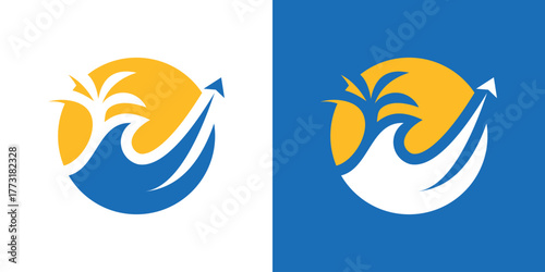 A creative logo combining ocean waves, a palm tree, and an airplane, symbolizing vacation, tropical travel, and holiday adventures.