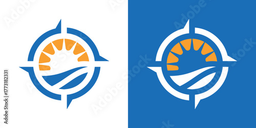 A creative logo combining a navigation pin, sunrise, and scenic landscape, symbolizing vacation, travel direction, and beautiful destinations.
