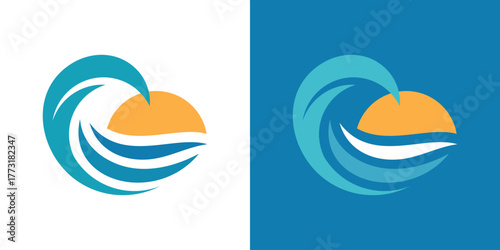 A modern logo combining ocean waves and a sunrise, symbolizing tropical vacation, relaxation, and beautiful seaside mornings.