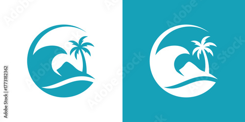 A clean logo featuring beach elements, symbolizing tropical vacation, relaxation, and seaside travel.
