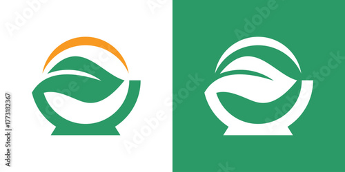 A modern logo combining a bowl and leaf, symbolizing healthy food, natural ingredients, and organic nutrition.