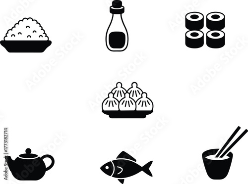 Black silhouette Asian food icons, rice bowl, soy sauce bottle, sushi pieces, dumpling tray, teapot, fish, chopsticks bowl vector illustration