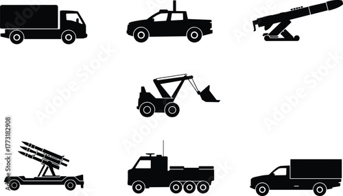 Black silhouette vehicles and machinery icons, cargo truck, pickup, missile launcher, military transport, backhoe loader, heavy duty truck vector illustration